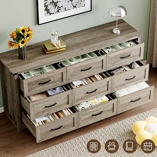 BORNOON 9-Drawer Dresser for Bedroom, Modern Wooden Chest of Drawers with Metal Handles, Anti-Tipping Design, Sturdy and Stable Storage Organizer for Living Room, Entryway, Home Office thumbnail 5