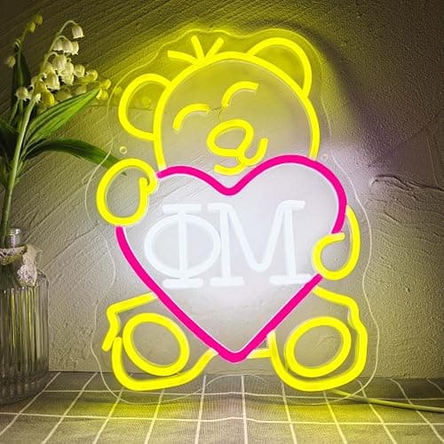 ΦM Sorority Teddy Bear Neon Signs,Dimmable Phi Mu LED Neon Lights for Wall Decor,Sorority USB Powered Neon Wall Sign for Bedroom,Paraphernalia,Gifts,9.8x13.4 inches. - Image 1