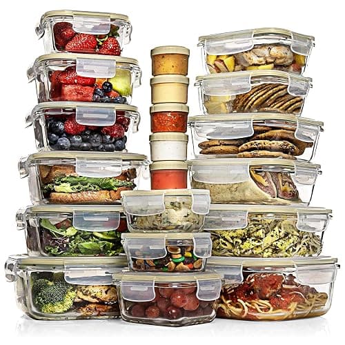 Razab 35 Pc Set Glass Food Storage Containers with Lids - Meal Prep Airtight Bento Boxes BPA-Free 100% Leak Proof (15 lids,15 glass & 5 Plastic Sauce/Dip Containers) - Image 1