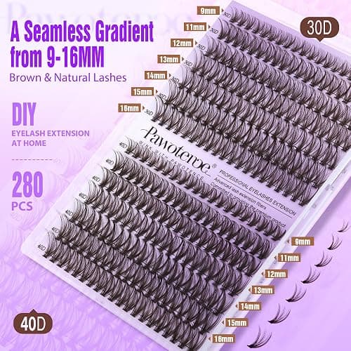 Pawotence Lash Extension Kit DIY 280pcs Brown Lash Clusters Eyelash Extension Kit 30D 40D 9-16mm Individual Lashes Kit with Lash Bond and Seal Lash Tweezers for Self Use (Brown 30D 40D, 9-16mm, Kit) thumbnail 6