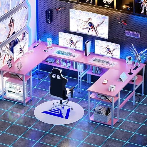 Unikito Reversible L Shaped Desk with Magic Power Outlets and USB Charging Ports, Sturdy Corner Computer Desk with Storage Shelves, Gaming Table Home Office Desk, Easy to Assemble, Pink thumbnail 8