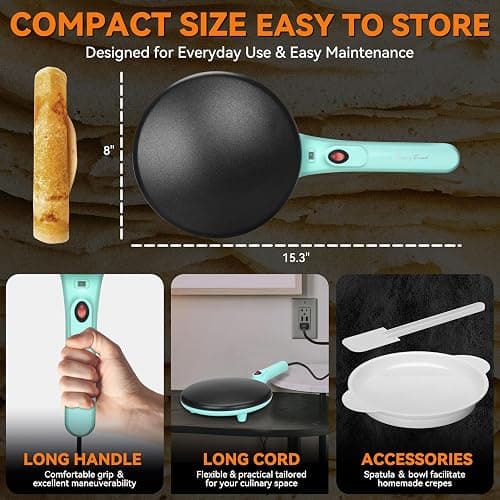 Baker's Friend Instant Crepe Maker with Handle, Electric Crepe Maker Machine, Crepera Electrica, 8 Inch Non-stick Cooking Surface, Aqua thumbnail 5