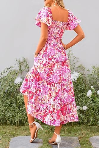 PRETTYGARDEN Women's Smocked Midi Wedding Guest Dress | Puff Short Sleeve, Square Neck A Line, Tiered Ruffle Hem, Long Dresses, Beach Vacation, Cocktail Party, Summer Outfits thumbnail 2