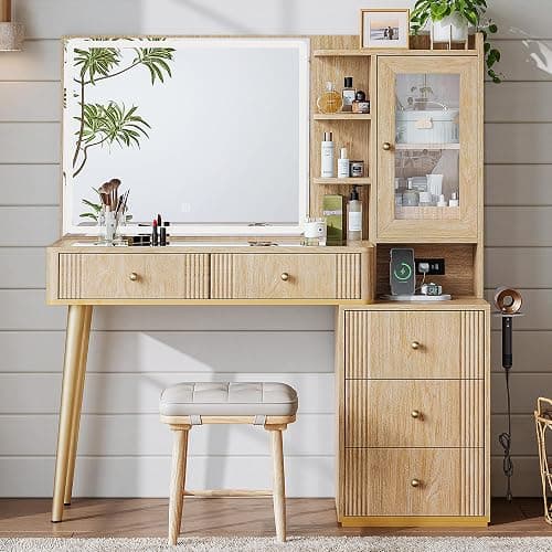 LINSY Wood Vanity with Glass Top, Makeup Vanity with Storage Drawers, Boho Fluted Vanity Desk with Mirror and Lights, Large Dressing Table with Cabinet and Outlet for Bedroom, Women, Girls thumbnail 3