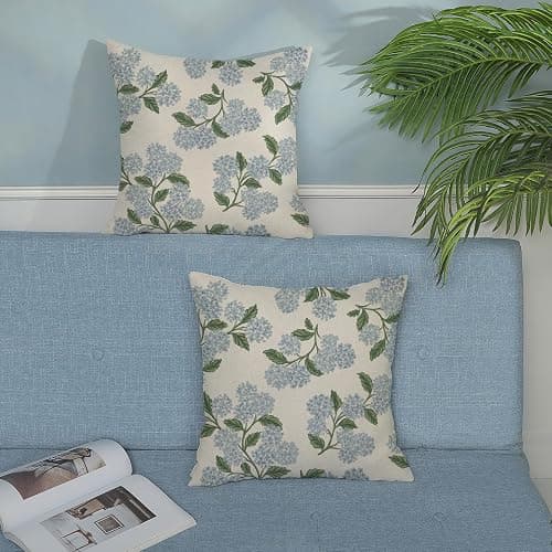 DAFENA Spring Pillow Covers 18x18 Inch 2 Pcs Blue Green Hydrangea Flower Decor Throw Pillows Vintage Floral Seasonal Summer Outdoor Decoration Pillowcase Linen Cushion Cover for Couch Sofa thumbnail 4