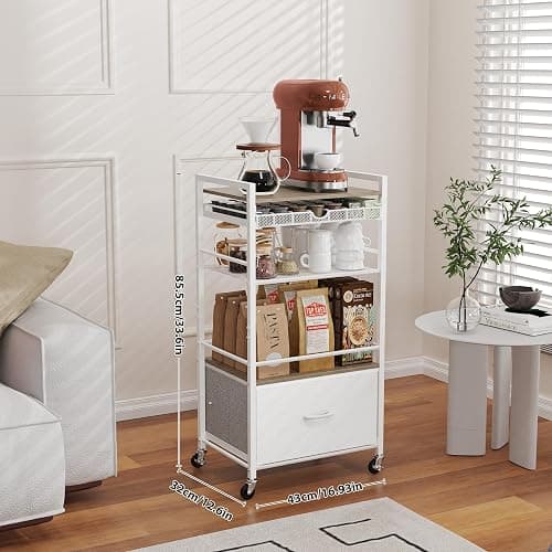 Coffee Bar Cabinet with Storage，5 Tier Coffee Station Table on Wheels, 33.6" H Cart with Drawer for Home Kitchen, Liquor Buffet Sideboard Cabinet (Modern White) thumbnail 3