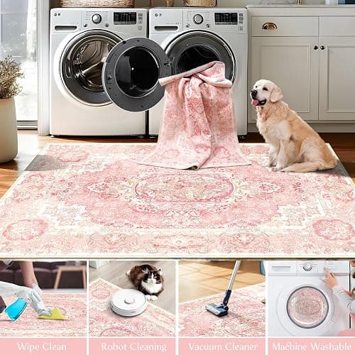Castage Boho Washable Area Rug 3x5, Vintage Floral Low Pile Non Slip Rug for Bedroom Living Room Entryway, Soft Farmhouse Decorative Carpet,Blush Pink thumbnail 5
