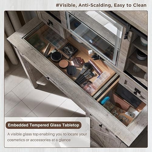 T4TREAM Farmhouse Makeup Vanity Desk with Sliding Mirror and Lights, 42'' Glass Tabletop Vanity Table with 2 Drawers & Shelves, Rustic Big Vanity Set for Bedroom, Light Rustic Oak thumbnail 3