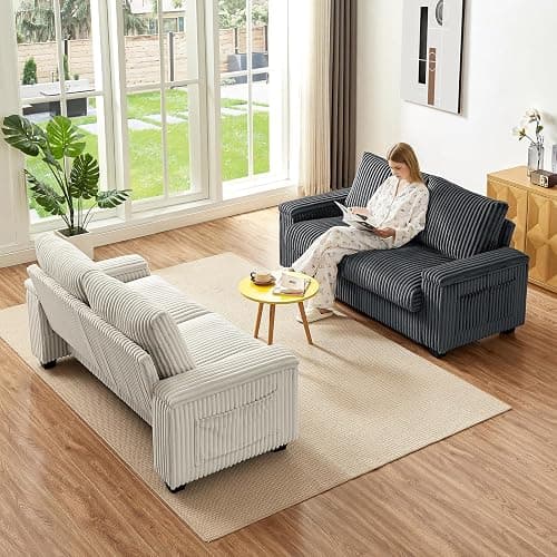 Sheng & Far 71" Loveseat Sofa with Storage Armrests & USB Charging Station | Storage Side Pockets, Sturdy Construction, Corduroy Fabric, White, for Living Room, Bedroom, Office, Apartment thumbnail 9