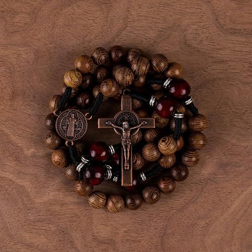 Nazareth Store Classic 10mm Solid Wood Rosary Beads Necklace for Men Olive & Dark Red Wooden Strong Rugged Corded Catholic Rosary with St.Benedict Medal & Cross Crucifix thumbnail 5