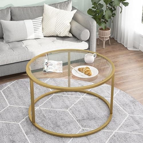 Glass Coffee Table,Round Gold Coffee Table for Small Space,27" Modern Center Table,Glass Top Clear Coffee Table with Sturdy Metal Frame for for Living Room Home Office, Easy Assembly thumbnail 3