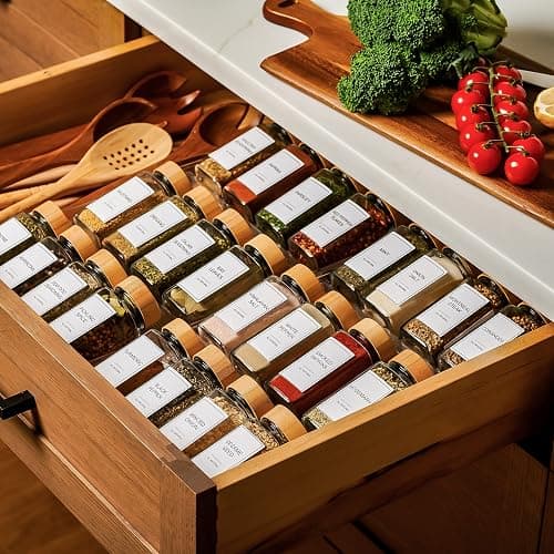 Set of 24 Glass Spice Jars with Various Labels, Bamboo Shaker Lids & Funnel, Kitchen Storage Jars with Airtight Lid, Spices & Seasonings Sets Organizer, Spice Containers, Glass Jar Food Canister thumbnail 5