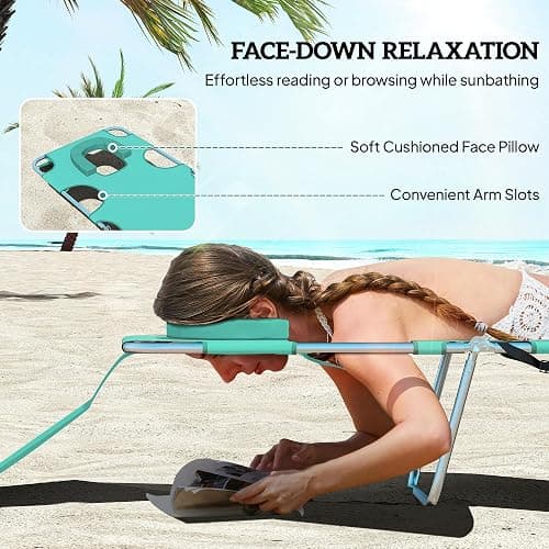 Outsunny Chaise Lounge Chair Outdoor with Face Arm Hole, 5-Position Reclining Face Down Tanning Chair with Carry Strap, Side Pocket, Portable Folding Bed Cot for Patio Beach Pool, Light Green thumbnail 5