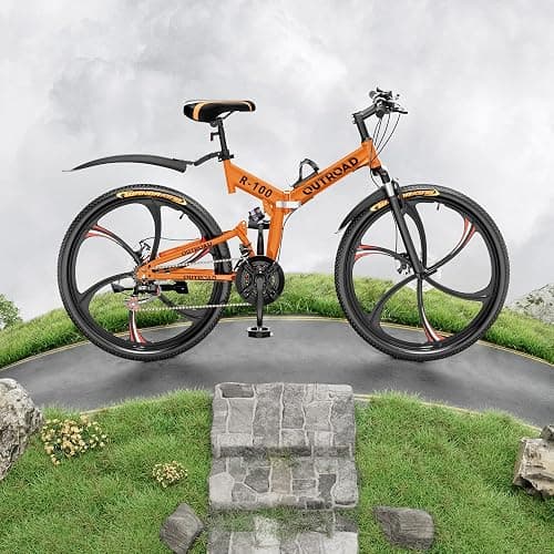 Outroad 26 Inch Folding Mountain Bike, 21 Speed Full Suspension High-Carbon Steel MTB Foldable Bicycle, Dual Disc Brake Non-Slip Folding Bikes for Adults/Men/Women, Black, Orange and Green thumbnail 2