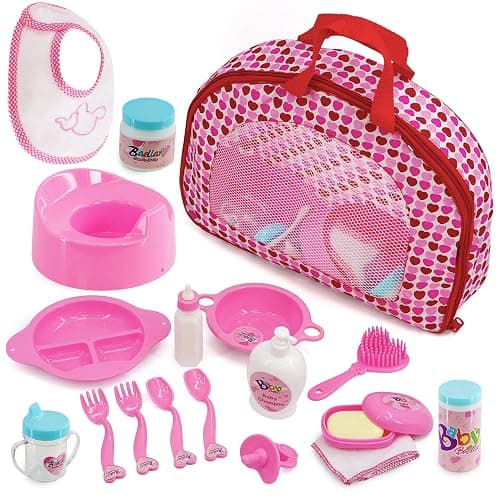 BiBi Doll Baby Doll Accessories Playset 18 Pcs with Carry Storage Bag - Includes Care & Feeding Set, Bottles, Dummy, Potty, Bib, Brush - Portable Nurturing Pretend Play Toy for Girls & Boys Aged 3+ - Image 1