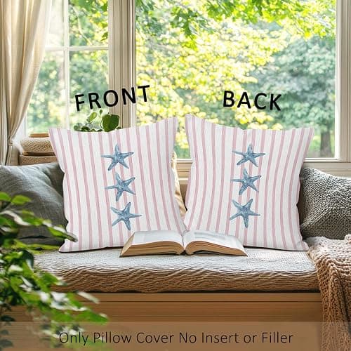LLOKARNORA Preppy Starfish Seashell Throw Pillow Covers Set of 2, Pink and Blue Striped Pillow Case Cover for Girls Room, Coastal Square Pillowcase, Beachy Coquette Cushion Cover Case for Couch,18x18 thumbnail 7