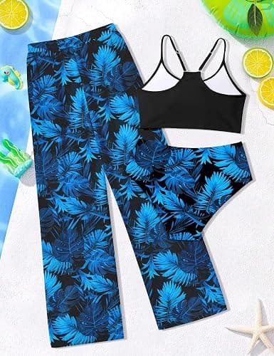 NECIOUS Girls Swimsuit, 3 Piece Bikini Bathing Suit Tropical Floral Swimwear with Cover Up Pants 7-16Y thumbnail 5