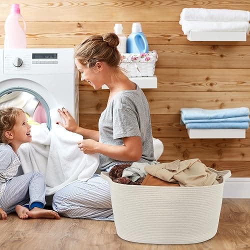 XUANGUO Large Rectangle Blankets Basket Living Room 22"x17"x12" Woven Cotton Rope Storage Baskets for Nursery Toy Baskets for Kids and Dogs Wicker Laundry Basket Bin for Clothes Towels white thumbnail 6