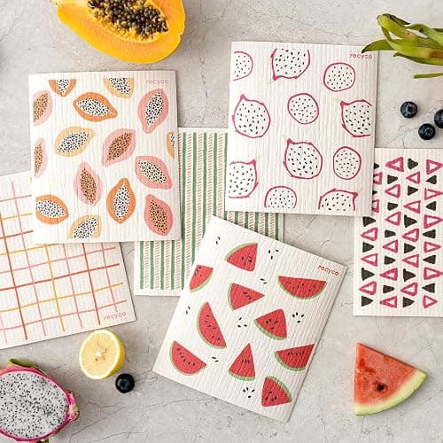 RECYCO Swedish Dishcloths for Kitchen | 6 Pack Tropical Fruit Washable Dish Rags | Cellulose Reusable Cleaning Paper Towels | Absorbent Counter Dish Cloth Sponge Kitchen Wipes, 8" L x 7" W thumbnail 2