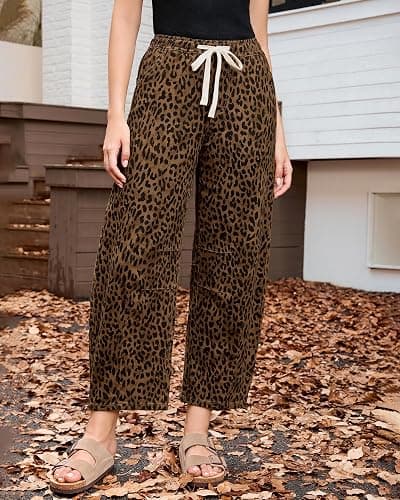 GRAPENT Barrel Jeans for Women Trendy High Waisted Pull On Wide Leg Cropped Leopard Cheetah Print Stretchy Denim Pants thumbnail 2
