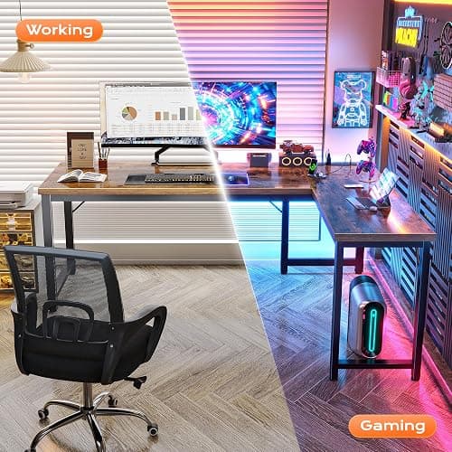 Huuger 63 Inch L Shaped Desk with Power Outlets & 0.95 Inch Thicker Desktop | Reversible Computer Desk, Larger Office Corner Gaming Desk, Metal Frame, for Home Office, Study, Rustic Brown thumbnail 6