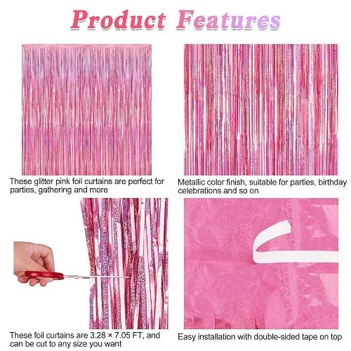 2 Pack Glitter Pink Backdrop, 3.28 FT x 7.05 FT Birthday Party Decorations, Laser Pink Fringe Curtains Foil Streamer Tinsel, Pink Curtains Photo Backdrop Happy Birthday Backdrop thumbnail 5