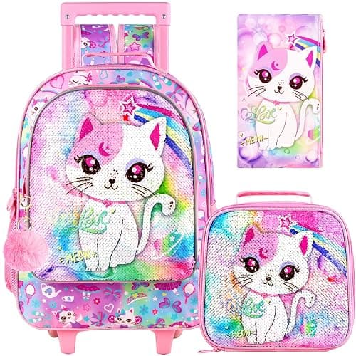 KLFVB Rolling Backpack for Girls Boys, Kids Roller Wheels School Bookbag with Lunch Bag, Wheeled School Bag for Children - Image 1