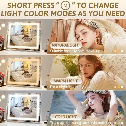 ROLOVE Vanity Mirror with Lights 22"x18", Lighted Makeup Mirror with 10X Magnification, Smart Touch 3 Colors Dimmable, 360° Rotation, Women Gift, Dresser Mount, Bathroom (White) thumbnail 3