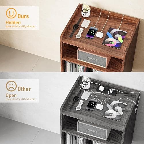 Record Player Stand, Turntable Stand with Record Storage and Charging Station & USB Ports, Record Player Table with Metal Divider, Record Stand Up to 160 Albums for Living Room, Bedroom Walnut thumbnail 5