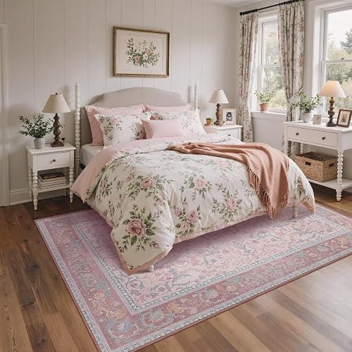 Pink Area Rug 5x7 Washable Rugs Floral Vintage Tumble Carpet for Living Room Bedroom Nursery Room Playroom Dining Room, Soft Non Slip Low Pile, Light Pink Blue thumbnail 4