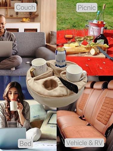 Xchouxer Couch and Bed Cup Holder Pillow, Sofa Organizer Caddy for Drinks, Remotes, Phones, Snacks (Beige) thumbnail 5