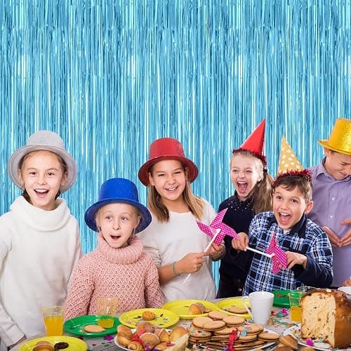 ZATAYE 2 Pack Sky Blue Foil Curtain Backdrop Birthday Party Decorations | Sky Blue, Metallic Foil, 3.28 x 7.05 FT, Tinsel Backdrop, Foil Curtain Streamer, Winter Wonderland Party thumbnail 6