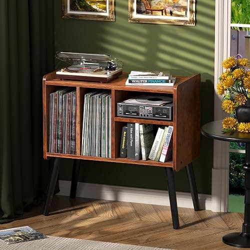 UODERS Record Player Table, Mid-Century Record Player Stand with Vinyl Storage Hold Up to 150+ Albums, Vinyl Record Cabinet with Adjustable Shelves, Wood Turntable Stand for Music Living Room (Brown) - Image 1
