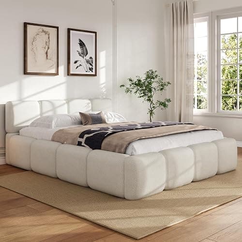 Harper & Bright Designs Queen Size Platform Bed Frame, Floor Platform Bed Grounded Bed Frame with Thick Headboard and Footboard, Block Style, White thumbnail 3