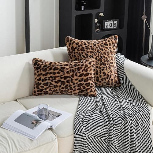 AGOKABA Leopard Print Faux Fur Throw Pillow Covers, 12x20 Inch, Set of 2, Soft Plush Animal Print Decorative Lumbar Cushion Cases for Sofa Bed Chair | Safari-Inspired Decor in Warm Terracotta Brown thumbnail 7