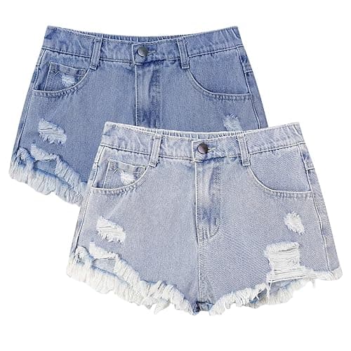 EXARUS Girls Jean Shorts Ripped Distressed Frayed Raw/Folded Hem Teen Tween Youth Mid Rise Casual Summer Kids - Mini - 10 Years - Blue a/Blue C Mini