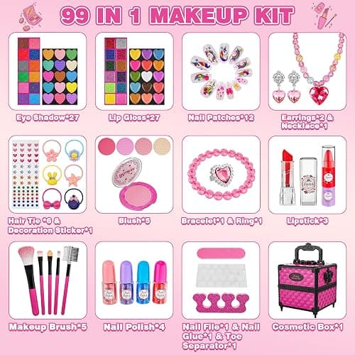 99 Pcs Kids Makeup Kit for Girls, Princess Toys Real Washable Cosmetics Set with Mirror, Hair Ties, Nails, Rings, Earrings, Necklace, Perfect for 3 4 5 6 7 8 Year Old Girls Birthday thumbnail 2