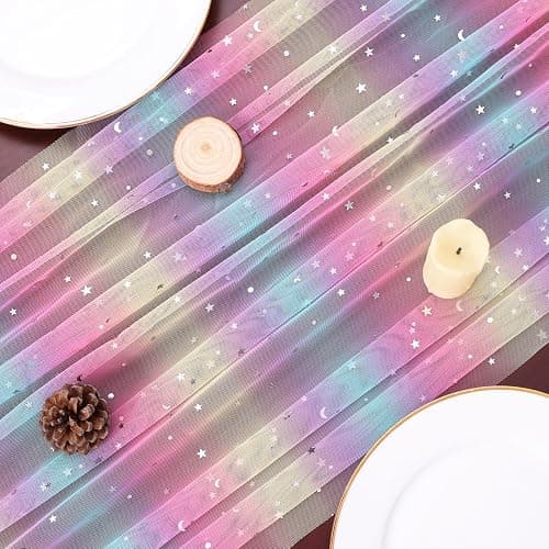 TuTive Iridescent Moon and Stars Gauze Table Runner 120 Inch 10FT Rainbow Tulle Silver Sequin Glitter Table Runner Colorful Dining Wedding Rainbow Birthday Decorations Unicorn Decor Holiday Home Party thumbnail 4