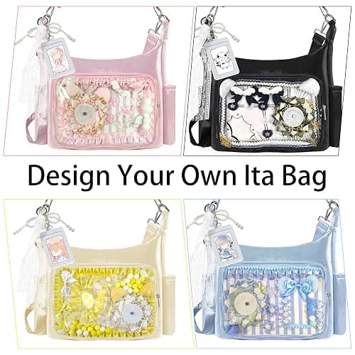 103 Pcs DIY Ita Bag Accessories with Insert Panels,Ribbons,Ita Bag Decor with Bows, Wings, Hearts, Stars, Pom-Pom, Making Supplies for Handicraft Enthusiast, Celebrity Fan, Anime Fan (Blue) thumbnail 7