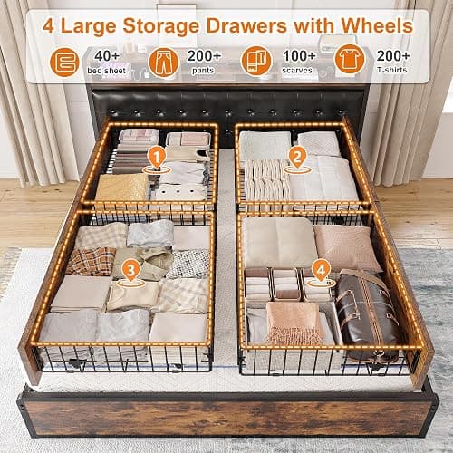 EnHomee Full Bed Frame with 4 Storage Drawers and Headboard Upholstered Bed Frame Full Size with Charging Station, No Noise, Metal Support, No Box Spring Needed,Vintage Brown thumbnail 6