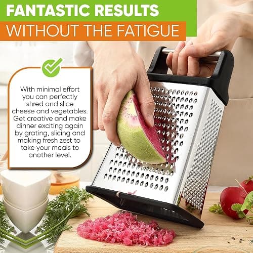 Spring Chef Professional Cheese Grater - Stainless Steel, XL Size, 4 Sides - Perfect Box Grater for Parmesan Cheese, Vegetables, Ginger - Dishwasher Safe - Black thumbnail 7