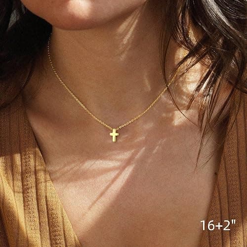 M MOOHAM Cross Necklace for Women Teen Girls, Dainty 14K Real Gold Plated Cross Pendant Necklace Sideways Cross Choker Layered Cross Necklace Gifts for Women Girls thumbnail 8
