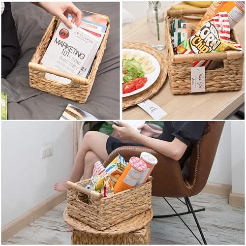 VATIMA Hyacinth Small Wicker Basket 11.6x8.1x4.9" - Bathroom Organizer, Wooden Handle, Decorative Storage thumbnail 8
