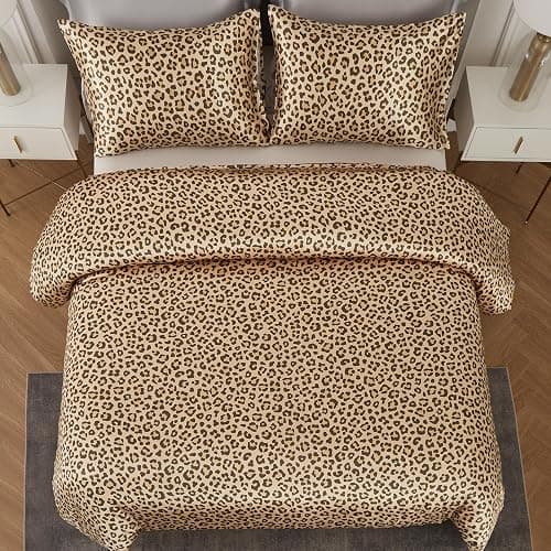 DuShow Satin Double Duvet Cover And 2 Pillowcases,3 Piece Satin Bedding Set,Soft Silky Cooling Duvet Cover Set, Satin Bed Sheets Double-Golden Leopard thumbnail 3