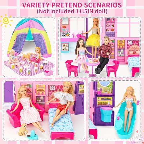 Style Shine Doll House Portable & Foldable Dollhouse w/ 60+ Pcs & 2 Dolls, Play House Toy with Bedroom Kitchen Pet House Camping Playset, Playhouse Birthday Gift for Girl Kid Toddler thumbnail 3