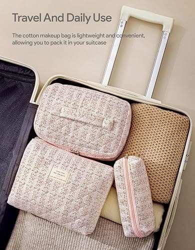 HBselect Quilted Makeup Bag, 3PCS Cotton Large Travel Makeup Bag, Cute Floral Coquette Make up Bag Cosmetic Bag Toiletry Bag for Women Girls thumbnail 5