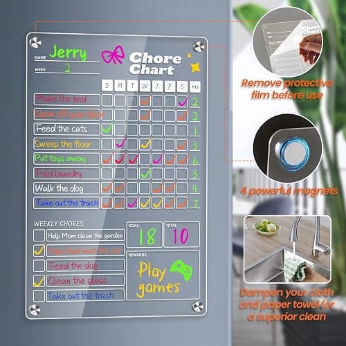 2 pcs Acrylic Magnetic Chore Chart for Kids on Fridge, Chore Board, Dry Erase Chore Chart, 12"x8" Transparent Erasable Reward Chart for Teens and Adults Chore Checklist with 8 Markers and Towel thumbnail 4