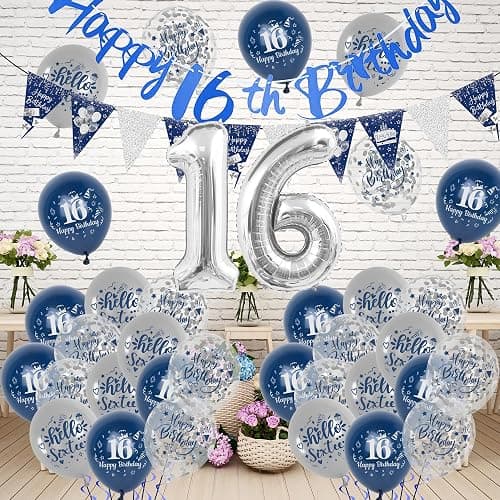 16th Birthday Decorations for Boys - Blue and Silver Birthday Decorations Pennant Happy Birthday Banner 12 Inch Latex Balloon Sash Cake Topper Confetti for 16 Years Old Birthday Party Supplies - 16th Blue and Silver Balloons thumbnail 7