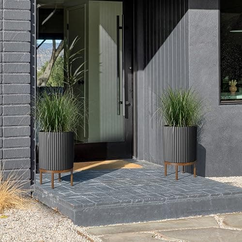 Veradek Demi Series Round Planter w/Stand for Porch/Patio | Durable Plastic-Stone Composite & Wooden Stand | Modern Décor for Tall Plants, Flowers thumbnail 8