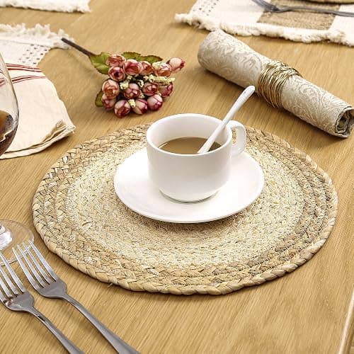 Zology Handmade Boho Placemats Set of 6 - Natural Cotton Burlap and Water Straw Woven Combination Table Mats, Macrame Décor and Farmhouse Style Placemats, for Dining Table Kitchen thumbnail 6